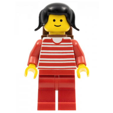 horizontal lines red - red arms - red legs black pigtails hair brown backpack
