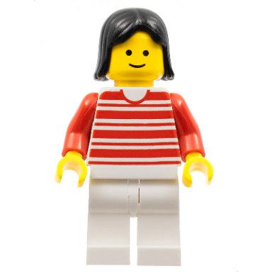 horizontal lines red - red arms - white legs black female hair