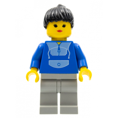 jogging suit light gray legs black ponytail hair closed mouth