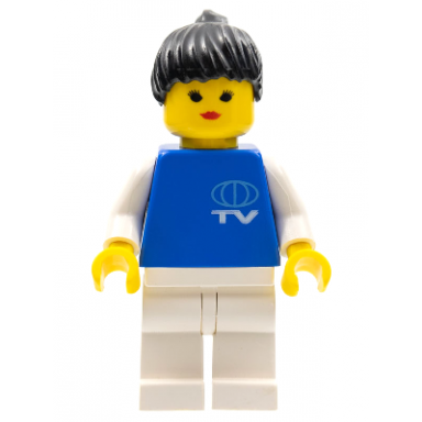 tv logo small pattern white legs black ponytail hair