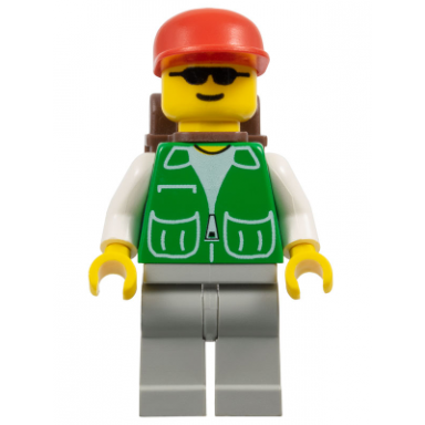 jacket green with 2 large pockets - light gray legs red cap and brown backpack