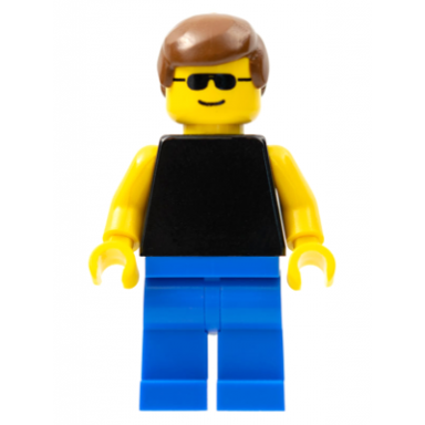 plain black torso with yellow arms blue legs sunglasses brown male hair