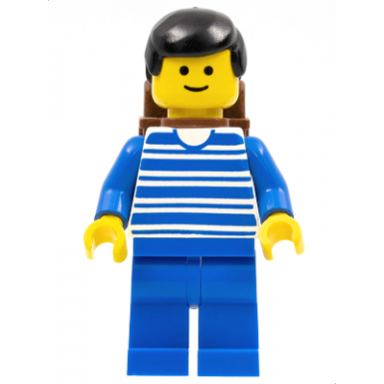 horizontal lines blue - blue arms - blue legs black male hair brown backpack