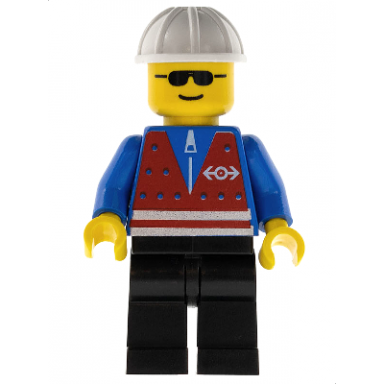 red vest and zipper - black legs white construction helmet sunglasses
