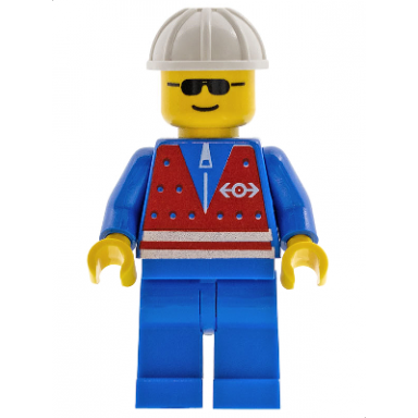 red vest and zipper - blue legs white construction helmet sunglasses