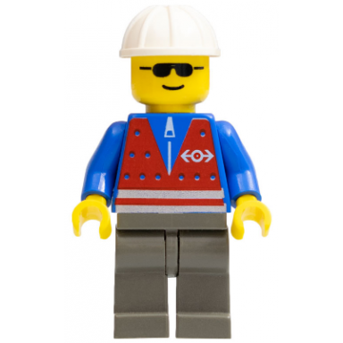 red vest and zipper - dark gray legs white construction helmet sunglasses