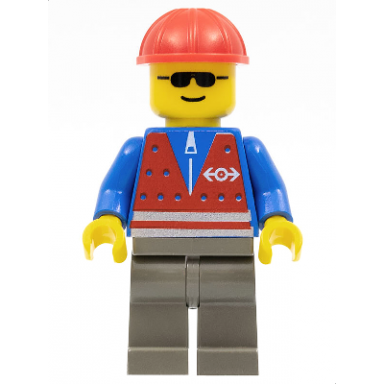 red vest and zipper - dark gray legs red construction helmet