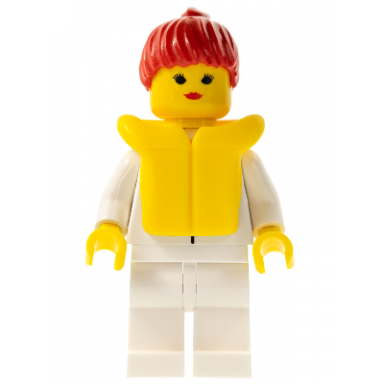 shirt with 2 pockets white legs red ponytail hair life jacket