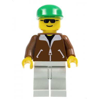 jacket brown - light gray legs green cap black sunglasses