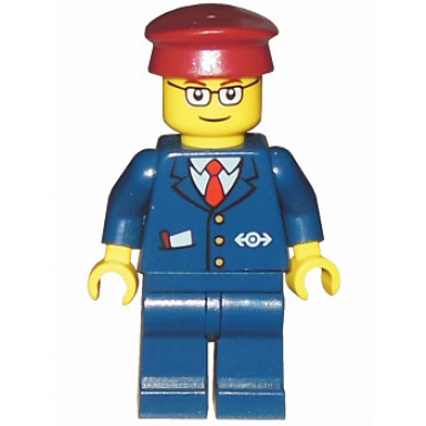 dark blue suit with train logo dark blue legs dark red hat rectangular glasses - passenger train engineer