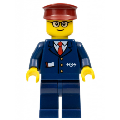 dark blue suit with train logo dark blue legs dark red hat rounded glasses - tram driver