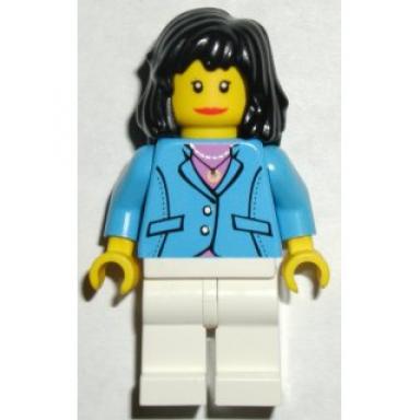 medium blue jacket white legs black mid-length female hair