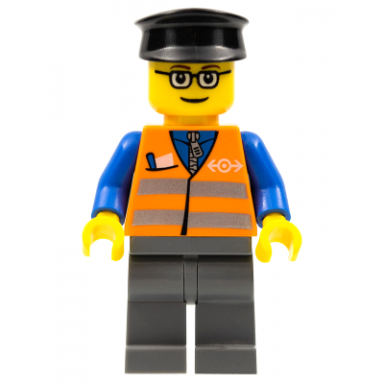 orange vest with safety stripes - dark bluish gray legs glasses black hat