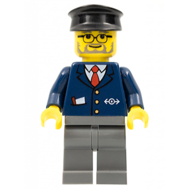dark blue suit with train logo dark bluish gray legs black hat gray beard