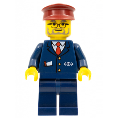 train conductor - male dark blue suit with train logo dark red hat