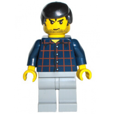 plaid button shirt light bluish gray legs black male hair stubble