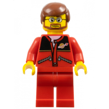 red jacket with zipper pockets and classic space logo red legs reddish brown male hair