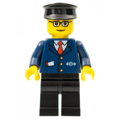dark blue suit with train logo black legs brown eyebrows black hat