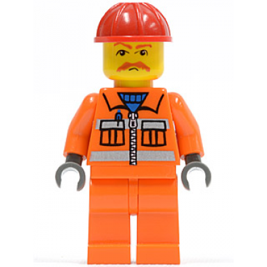 orange vest with safety stripes - orange legs red construction helmet brown moustache dark bluish gray hands