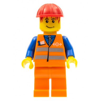 orange vest with safety stripes - orange legs red construction helmet red bangs