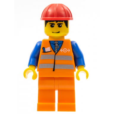 orange vest with safety stripes - orange legs red construction helmet black hair eyebrows and smirk