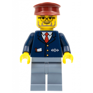 train conductor - male dark blue suit sand blue legs dark red hat