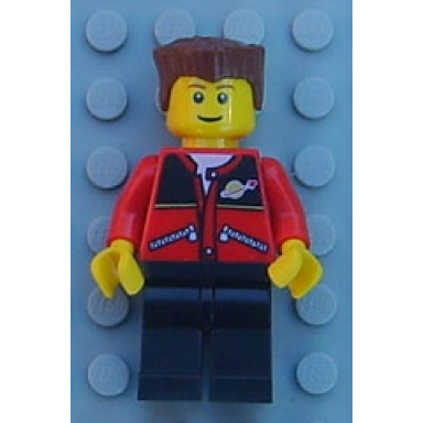 red jacket with zipper pockets and classic space logo black legs reddish brown flat top hair