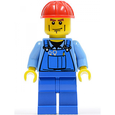 overalls with tools in pocket blue red construction helmet cheek lines