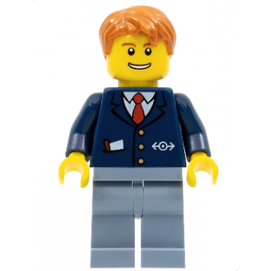 train conductor - male dark blue suit with train logo sand blue legs dark orange hair