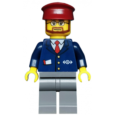 dark blue suit with train logo dark bluish gray legs dark red hat beard and glasses