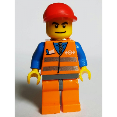 orange vest with safety stripes - orange legs and dark bluish gray hips red short bill cap - glued