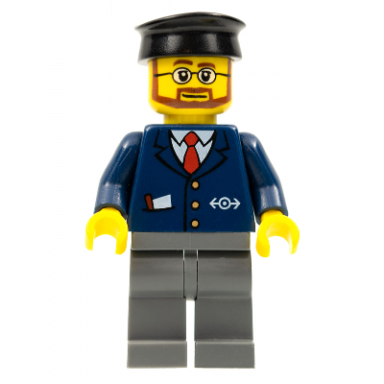 dark blue suit with train logo dark bluish gray legs black hat beard and glasses