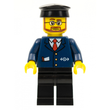 dark blue suit with train logo black legs black hat beard and glasses