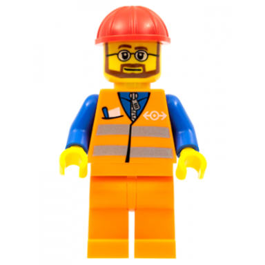 orange vest with safety stripes - orange legs red construction helmet beard and glasses