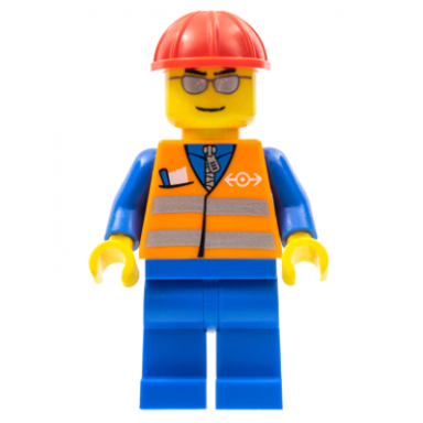 orange vest with safety stripes - blue legs silver glasses red construction helmet