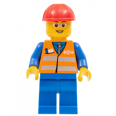 orange vest with safety stripes - blue legs gray frame glasses red construction helmet