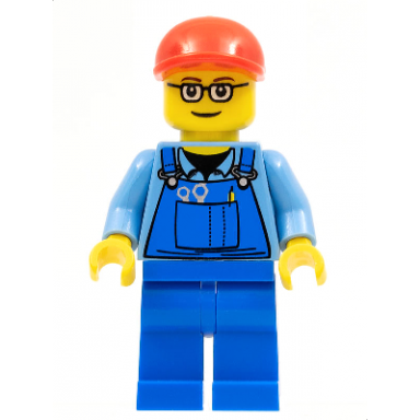 overalls with tools in pocket blue legs red short bill cap glasses with brown thin eyebrows