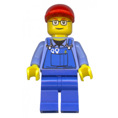 overalls with tools in pocket blue legs red short bill cap glasses with red thin eyebrows