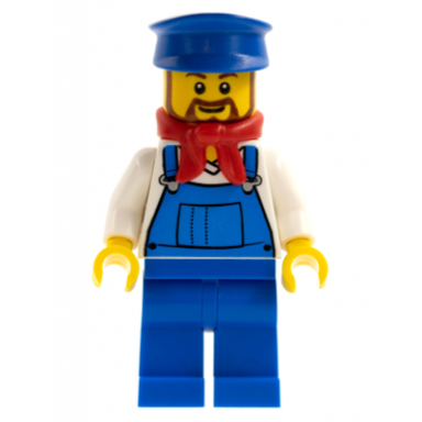 overalls blue over v-neck shirt blue legs blue hat brown beard rounded - cargo train driver