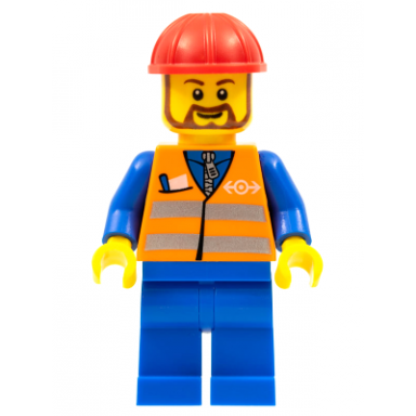 orange vest with safety stripes - blue legs red construction helmet brown beard rounded