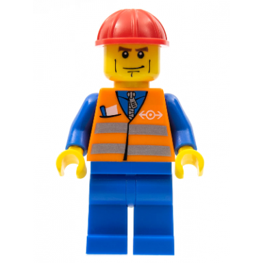 orange vest with safety stripes - blue legs brown eyebrows and cheek lines red construction helmet