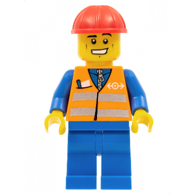 orange vest with safety stripes - blue legs cheek lines and wide grin red construction helmet