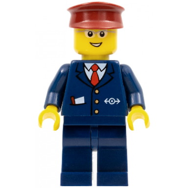 steward - dark blue suit with train logo dark blue legs dark red hat glasses