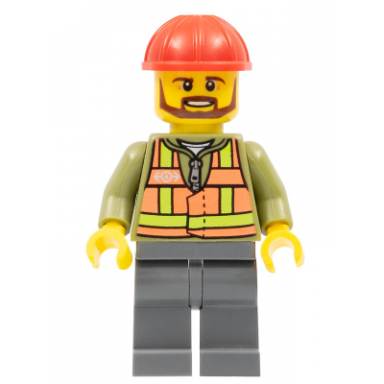 light orange safety vest dark bluish gray legs red construction helmet brown beard