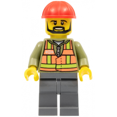 light orange safety vest dark bluish gray legs red construction helmet black beard