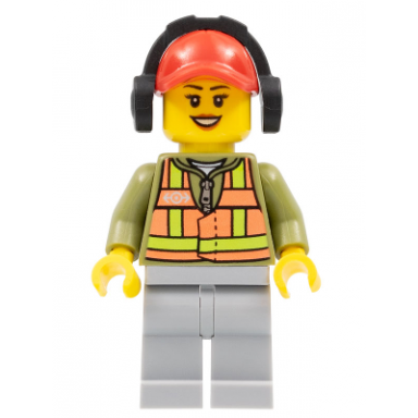 light orange safety vest light bluish gray legs red cap with hole headphones peach lips