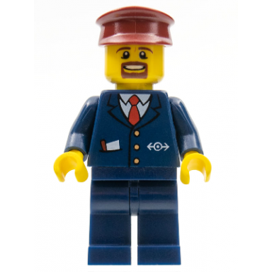 dark blue suit with train logo dark blue legs dark red hat brown moustache and goatee