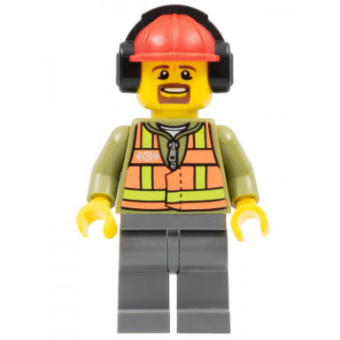 light orange safety vest dark bluish gray legs red construction helmet with black ear protectors headphones goatee
