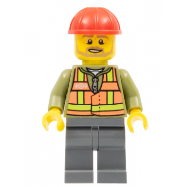 light orange safety vest dark bluish gray legs red construction helmet beard light brown angular