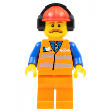 orange vest with safety stripes - orange legs red construction helmet with black ear protectors headphones